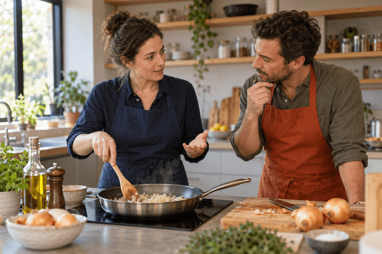 A cook explaining a recipe step while another adult listens and watches the pan