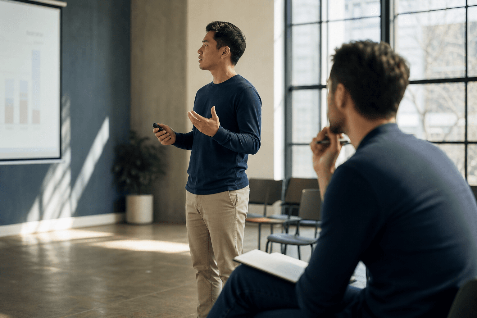A professional rehearsing a presentation while a coach observes